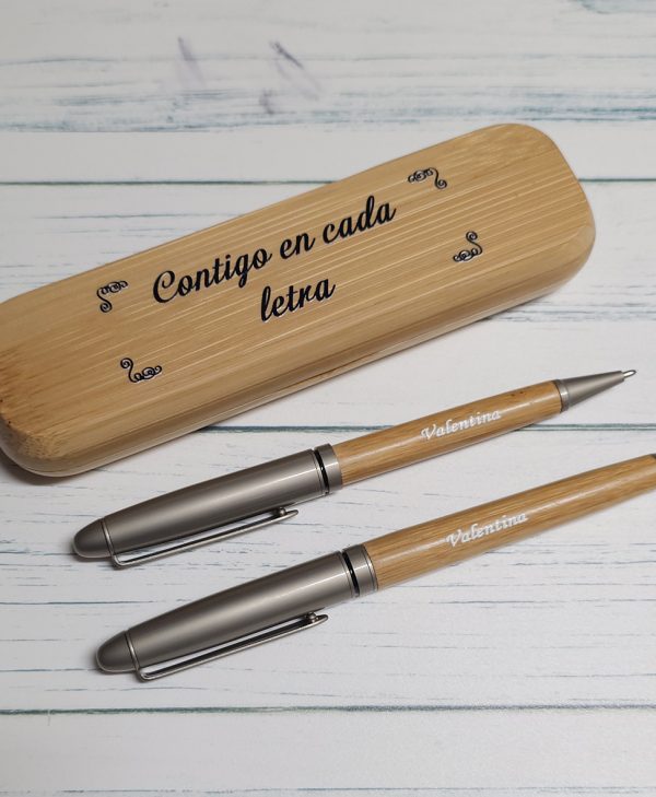 Estuche mas bolígrafos madera personalizado