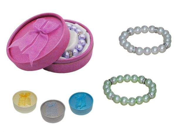 Pulsera de perlas blancas / colores con brillantes + caja con lazo