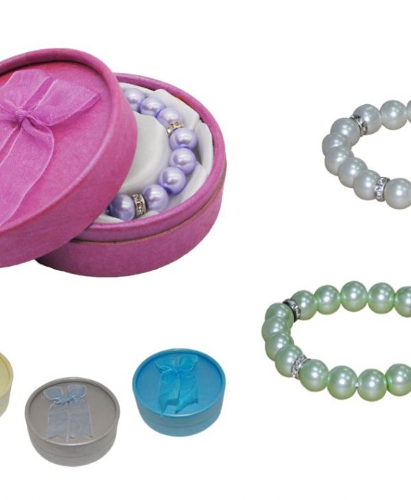 Pulsera de perlas blancas / colores con brillantes + caja con lazo