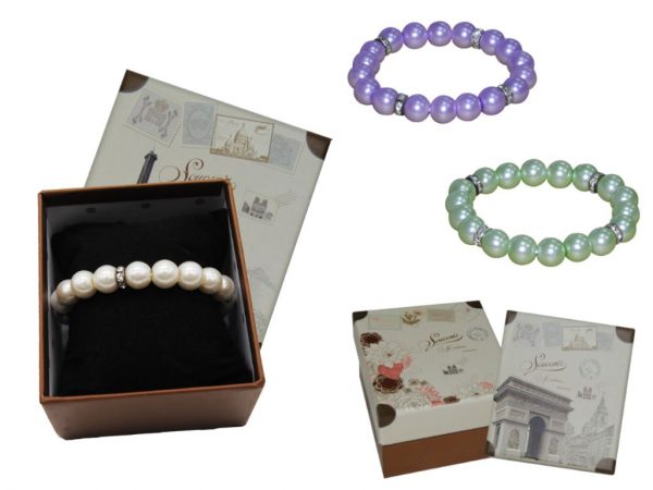 Pulsera de perlas blancas / colores con brillantes + caja con almohadilla